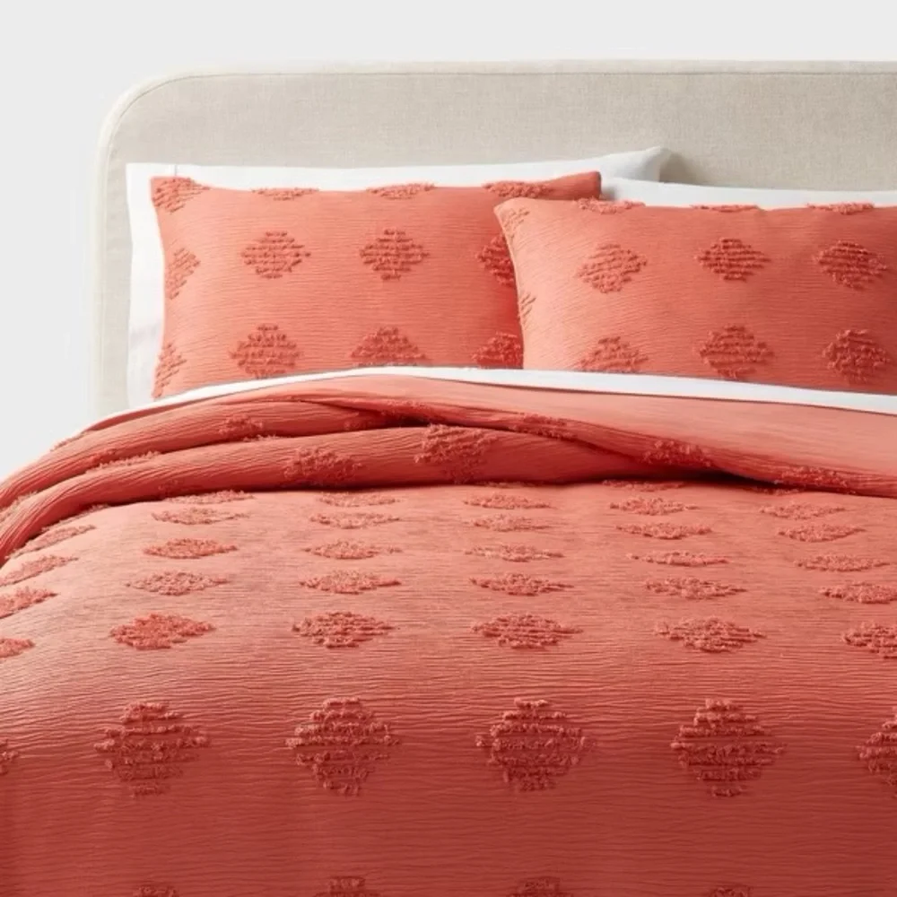 King Threshold Tufted Diamond Crinkle Duvet Cover and Sham Set - Melon Pink